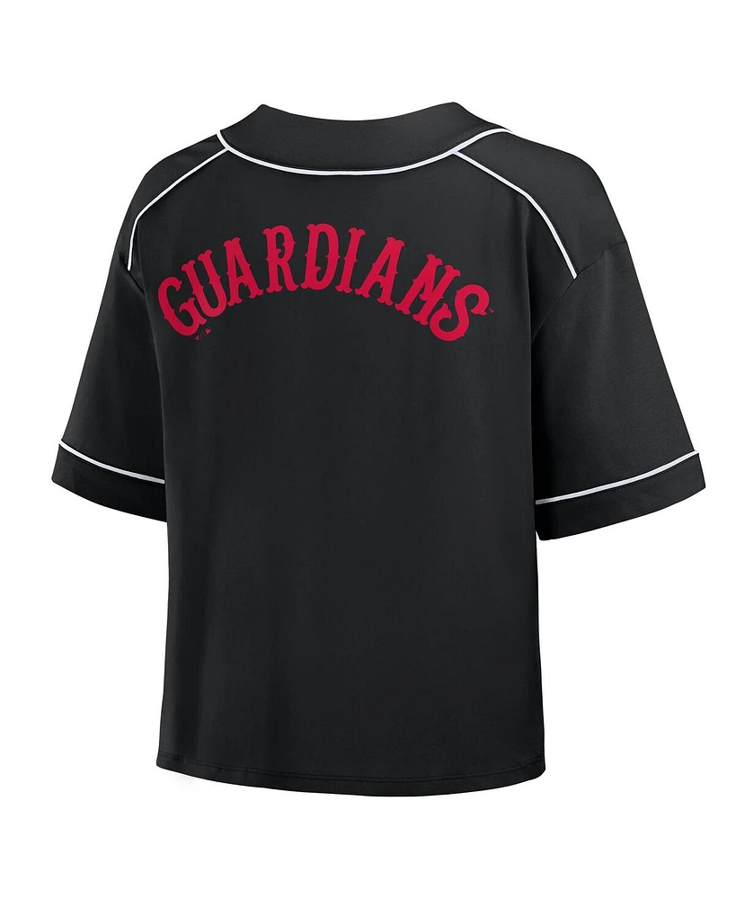 Fanatics Women's Black Cleveland Guardians Oversized Champ Game Cropped V-Neck T-Shirt