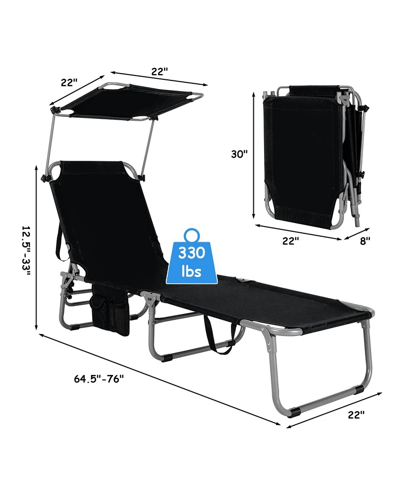 Gymax Set of 2 Foldable Lounge Chair Adjustable Outdoor Beach Patio Recliner W/ Sun Shade