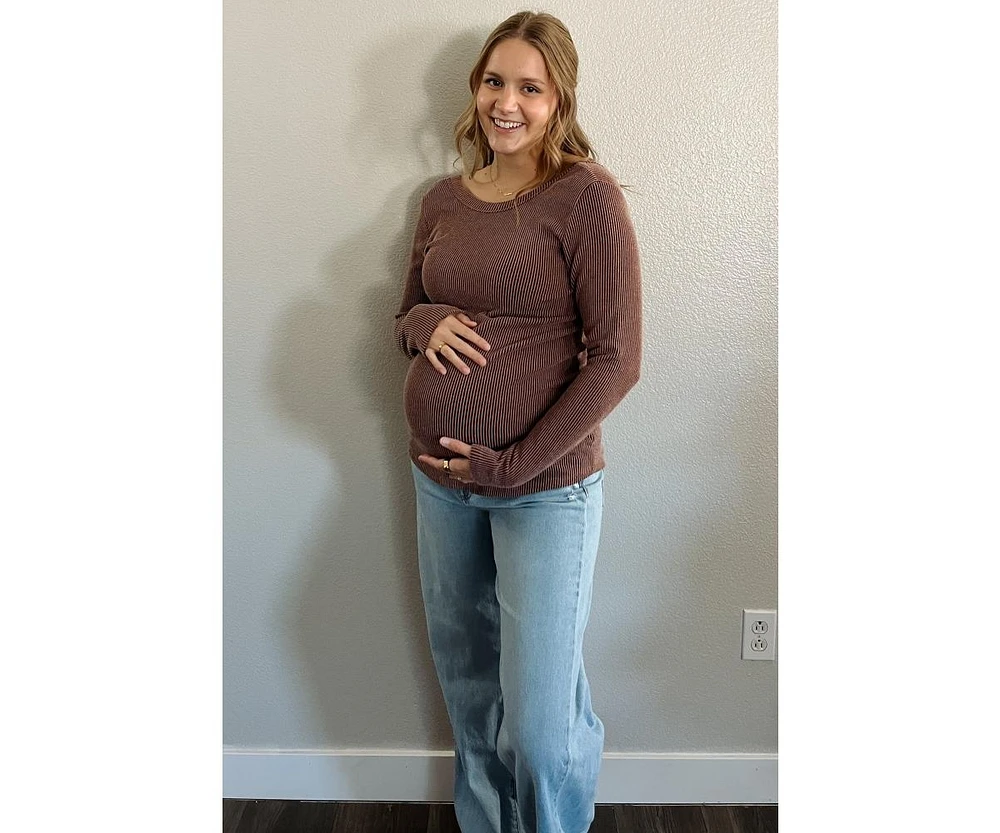 Pinkblush Maternity Brown Ribbed Scoop Neck Long Sleeve Top