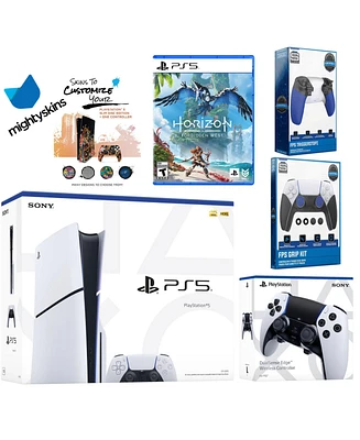 Sony Playstation 5 Slim Disc Bundle with Horizon Forbidden West, Extra Edge Controller, Trigger Stop Kit, Fps Grip Kit and MightySkins Decal Voucher