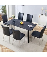 Elegant Black Marble Dining Set: Tabletop, Butterfly Legs, 6 Pu Chairs