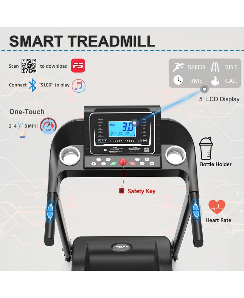 Electric Walking Running Treadmill Machine 5" Lcd Screen 250 Lb Capacity Bluetooth Music