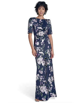 Jessica Howard Women's Petite Floral Print Short Sleeve Boat-neck Gown