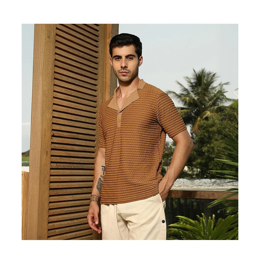 Campus Sutra Men's Coffee Brown Crease-Tactile Cuban Polo T-Shirt