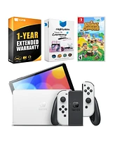 Nintendo Switch White Oled Console with Animal Crossing: New Horizons, MightySkins Console and Controller Skin Voucher, and 1 Year Cps Extended Warran