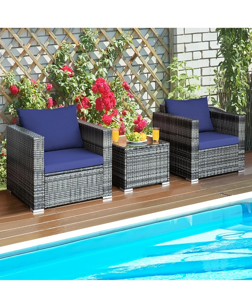 Gymax 3PCS Rattan Patio Conversation Furniture Set Outdoor Yard w/ Navy Cushion