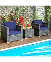 Gymax 3PCS Rattan Patio Conversation Furniture Set Outdoor Yard w/ Navy Cushion