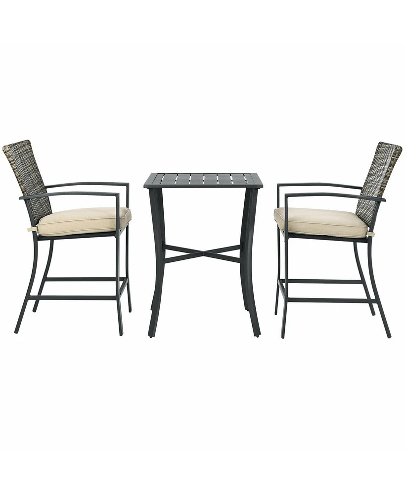 Gymax 3PCS Patio Metal Bar Set Outdoor Conversation Furniture Set w/ Cushions