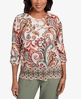 Alfred Dunner Women's Copper Canyon Textured Scroll Border Ruched Sleeves Top