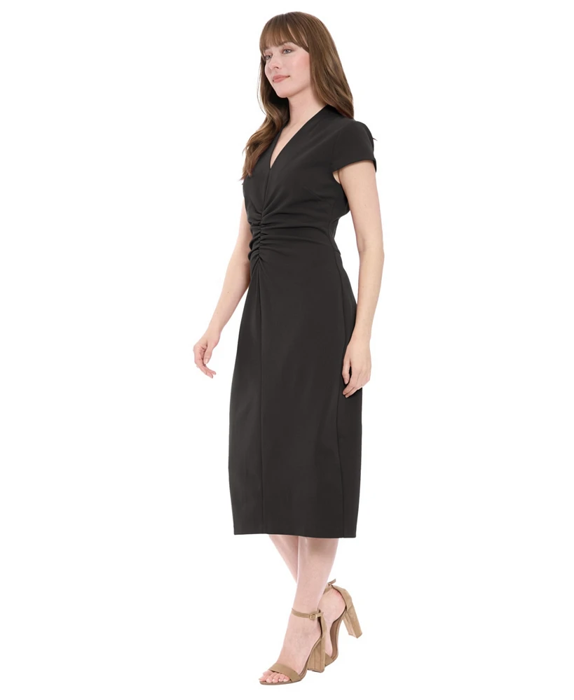 London Times Women's Short-Sleeve V-Neck Midi Dress
