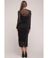 Pinkblush Maternity Black Shimmer Mesh Long Sleeve Ruched Midi Dress