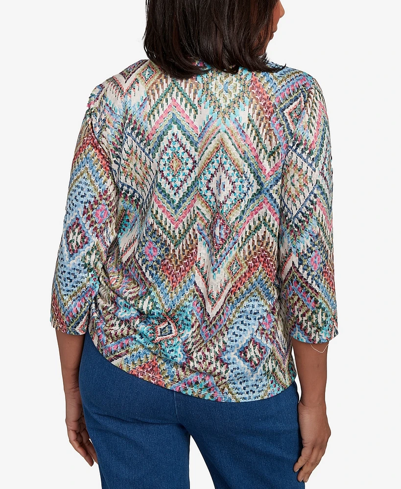Alfred Dunner Women's El Paso Ikat Diamond Detailed Neckline Top