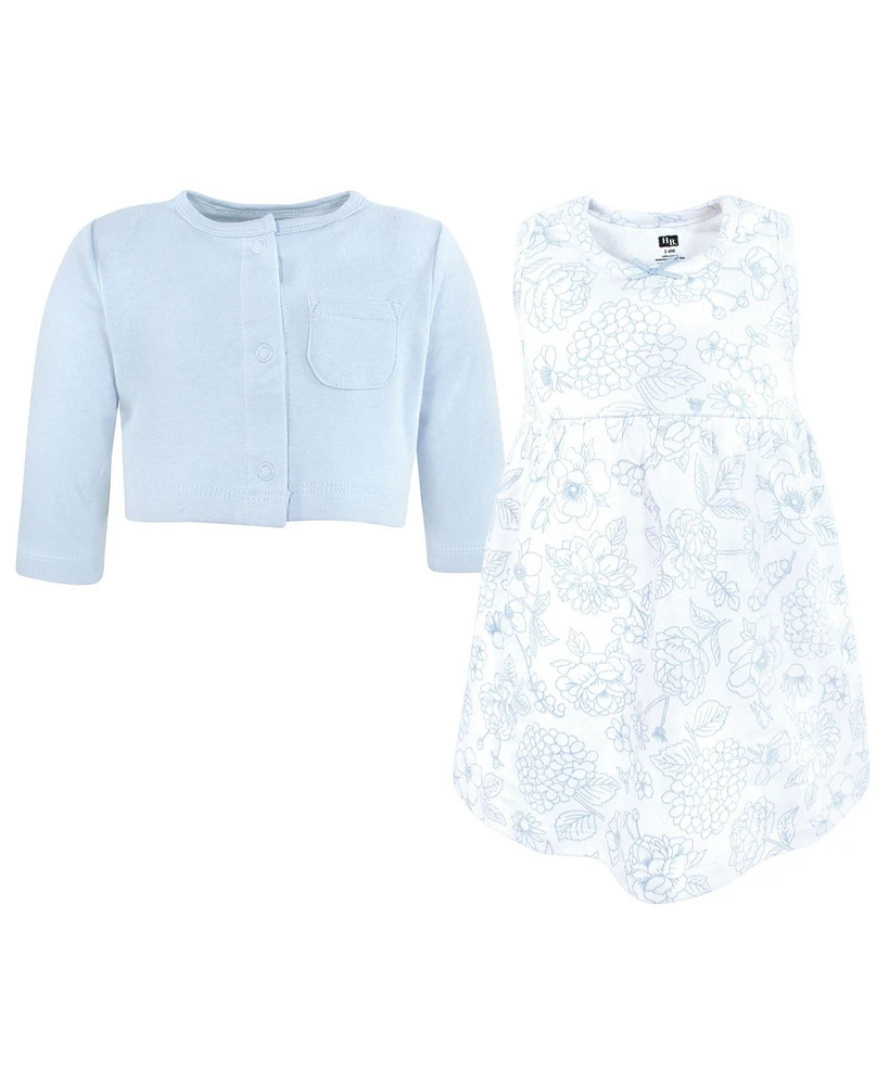 Hudson Baby Girls Cotton Dress and Cardigan Set Blue Blossom