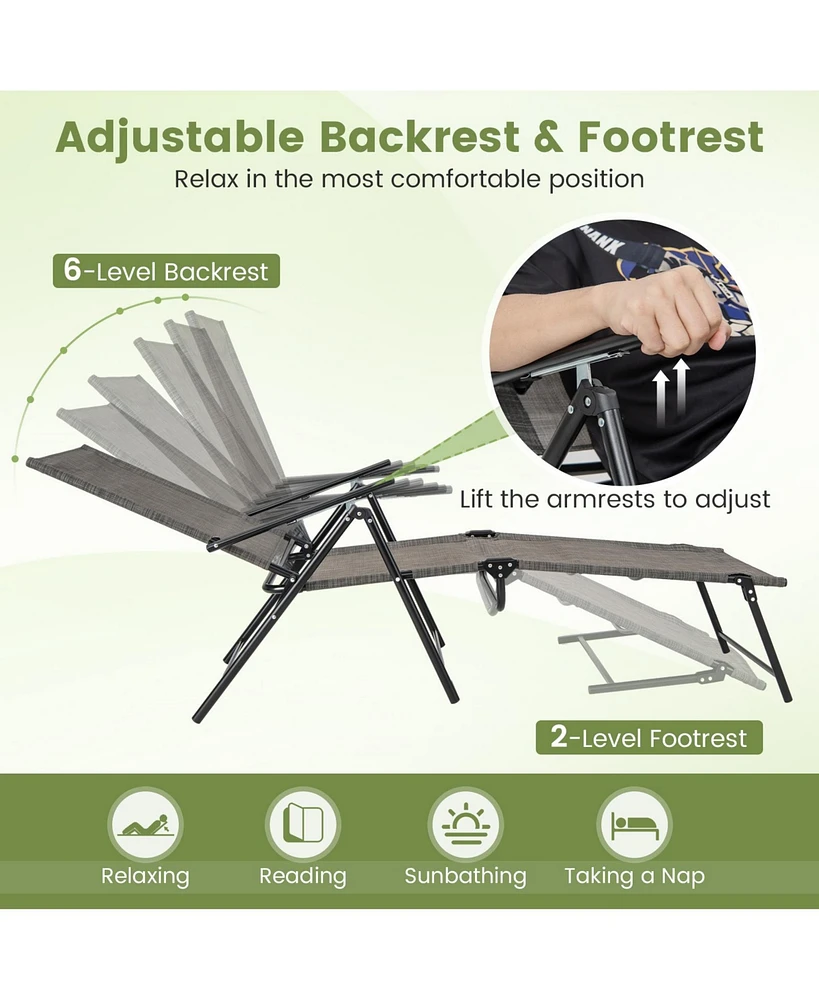 Gymax 2PCS Folding Chaise Lounge Chairs w/ 6-Level Backrest Reclining Chairs Patio