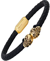 Steeltime Men's Black Braided Leather and 18K Gold-Plated Stainless-Steel Skulls Bracelet
