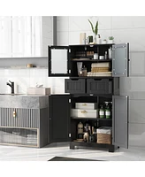 4 Door Freestanding Bathroom Floor Storage Cabinet with 2 Drawers and Glass Doors