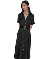 Karl Lagerfeld Paris Women's Belted Satin Shirtdress With Collared Neck