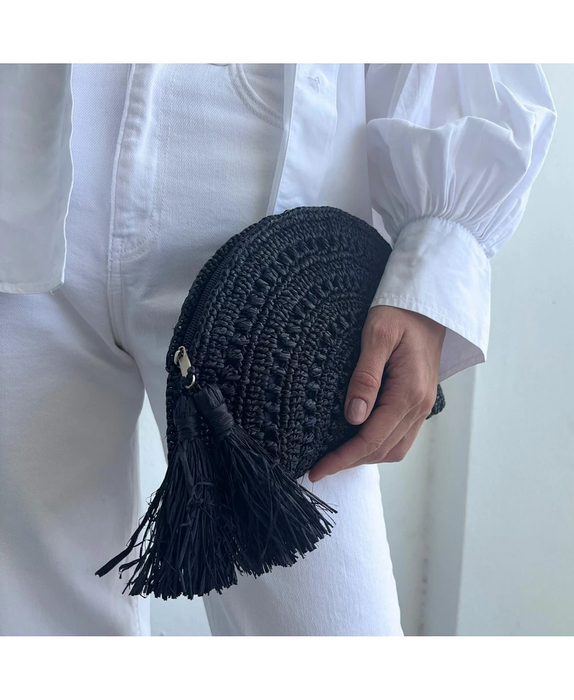 Adornia Navy Raffia Moon Clutch