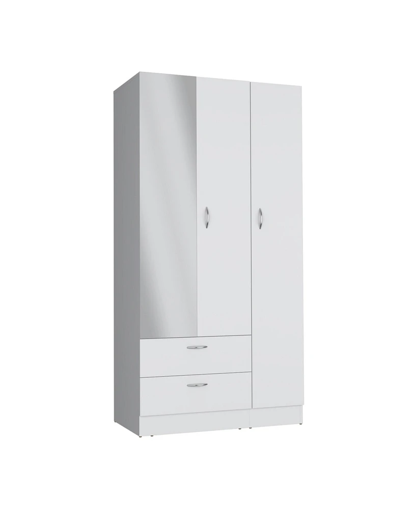 Troy wardrobe with 3 doors, one with mirror, two drawers, four shelves and hanging bar,White