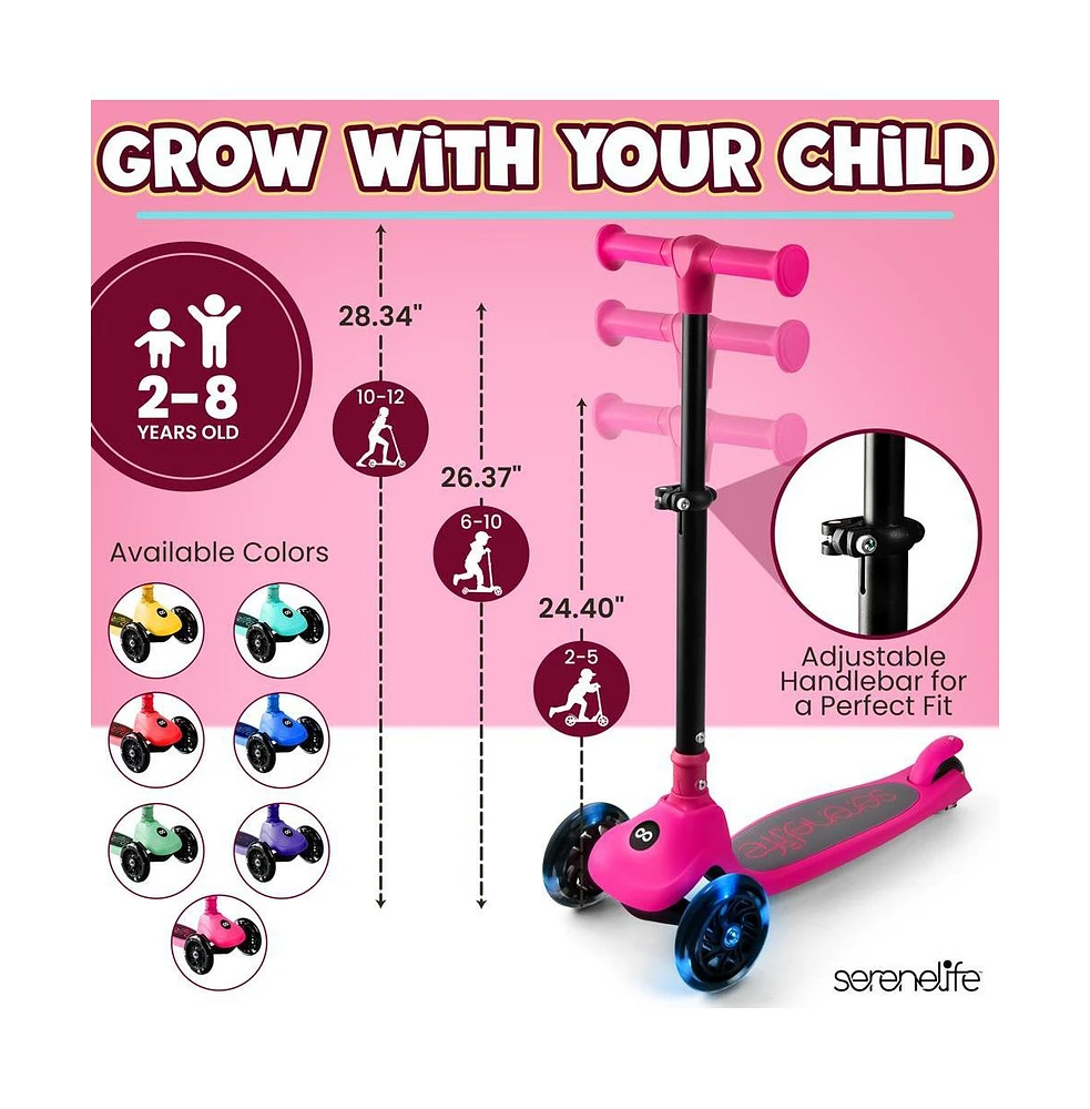 3-Wheel Foldable Kids Scooter - Child Toy Scooter with Built-in Led Wheel Lights, and Easy Maneuvering Lean-to-Steer Technology (Pink)
