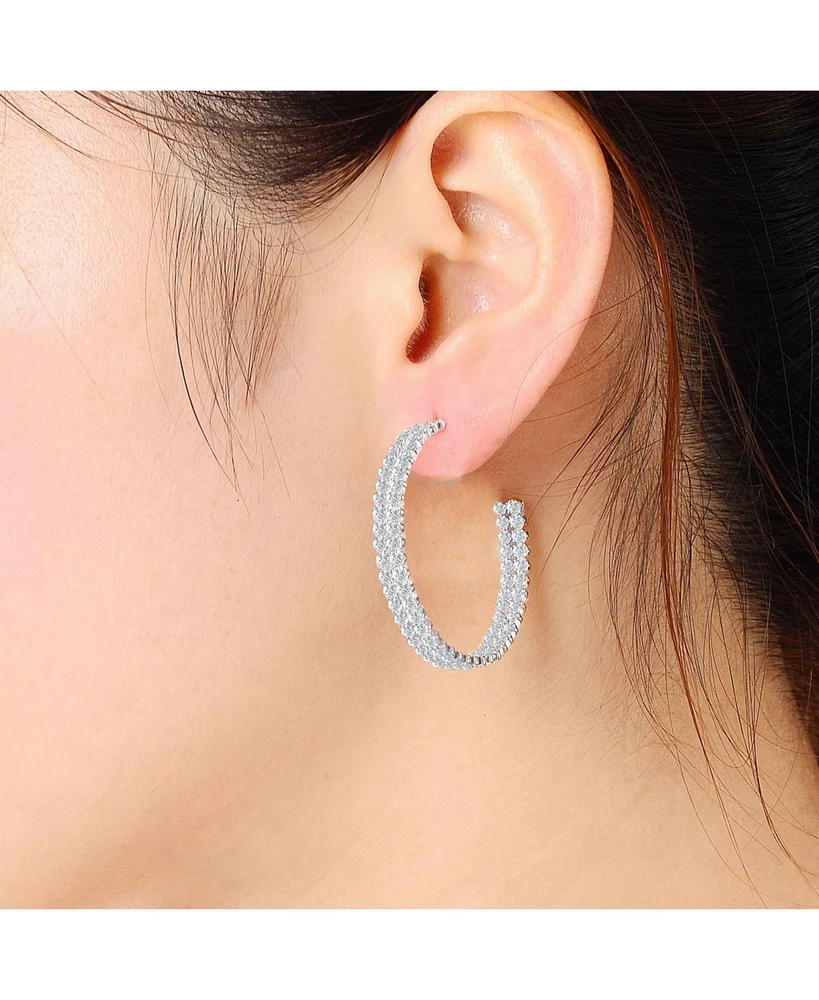 Genevive Sterling Silver White Gold Plating with Clear Cubic Zirconia Open Hoop Earrings