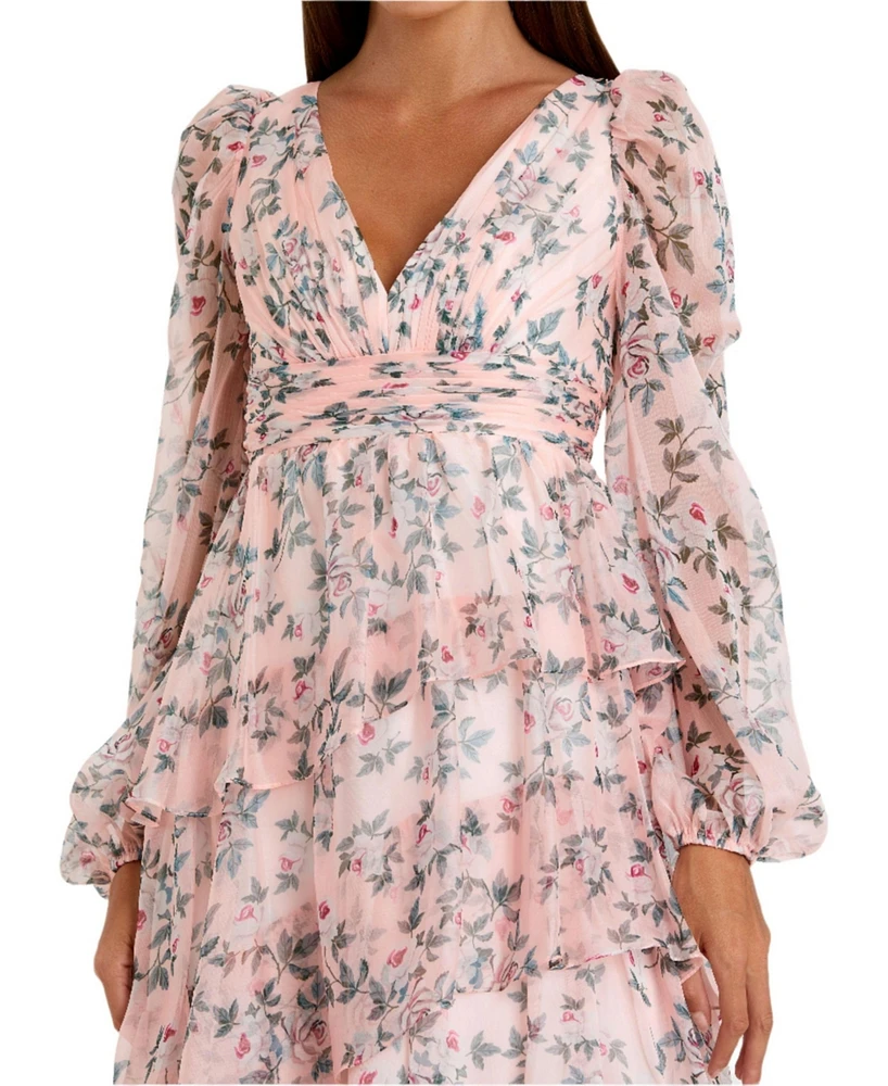 Mac Duggal Women's Elegant Puff Sleeve Floral Midi Dress with A-Line Silhouette and Side Pockets
