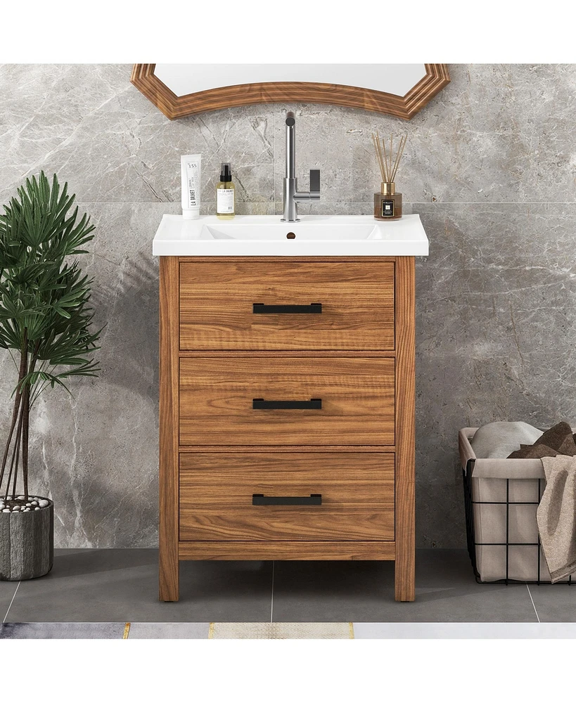 Casainc 24" Freestanding Vanity with Ceramic Sink, Cabinet with 3 Drawers