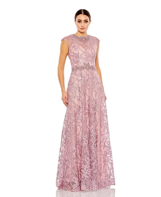 Mac Duggal Women's Embellished Floral Illusion Neckline Gown