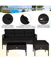 Gymax Set of 3 3-Seat Sofa Cushioned Table Rattan Furniture Garden Patio