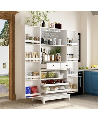 White 2-door 68.9-inch high multifunctional cabinet, storage cabinet, Pantry (including wine drawer/wine glass holder)