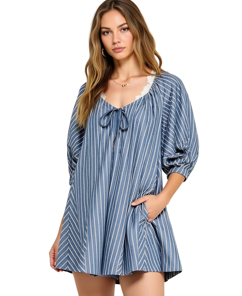 Modenaire Women's Striped V-Neck Front Tie 3/4 Sleeve Romper