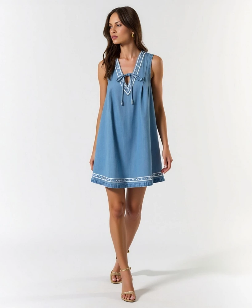 Modenaire Women's Sleeveless Embroidered Trim Tie Front Mini Dress