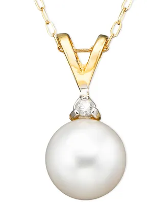 Belle de Mer Pearl Cultured Freshwater Pearl (6-1/2mm) and Diamond Accent Pendant Necklace in 14k Gold
