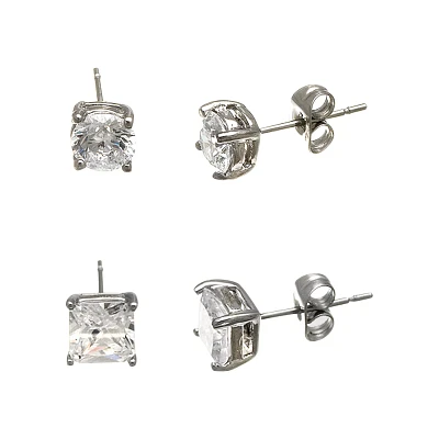 Round and Square CZ Stud Earrings - 2 Pair
