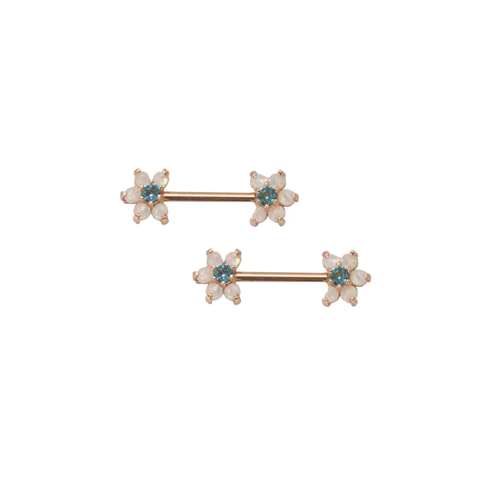 Opal-Effect Flower Nipple Rings - 14 Gauge