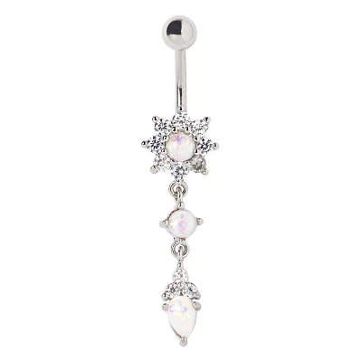Opal-Effect Flower Dangle Belly Ring - 14 Gauge