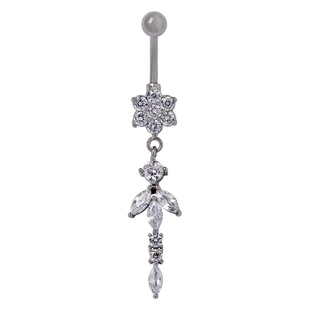 CZ Flower Dangle Belly Ring - 14 Gauge