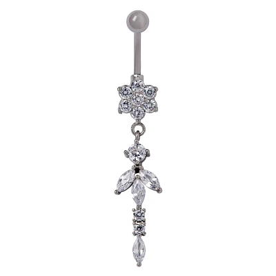 CZ Flower Dangle Belly Ring - 14 Gauge