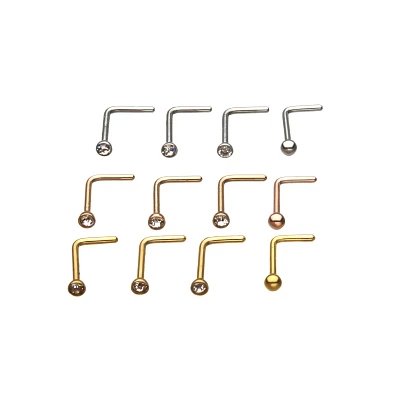 Multi-Pack CZ L-Bend Nose Rings 12 Pack - 20 Gauge
