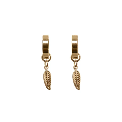 Goldtone Feather Dangle Huggie Earrings - 18 Gauge