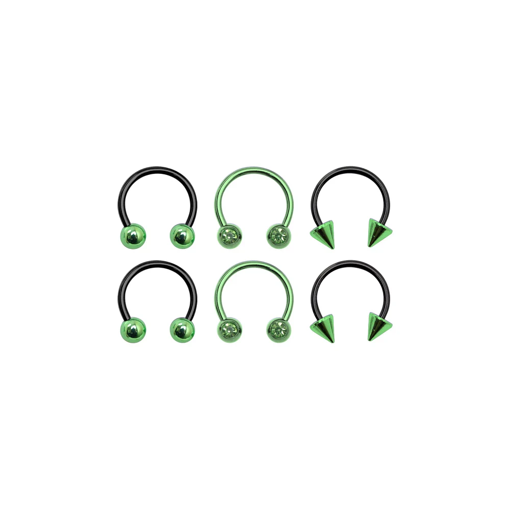 Multi-Pack Ombre Black and Green Horseshoe Captive Rings 6 Pack - 16 Gauge