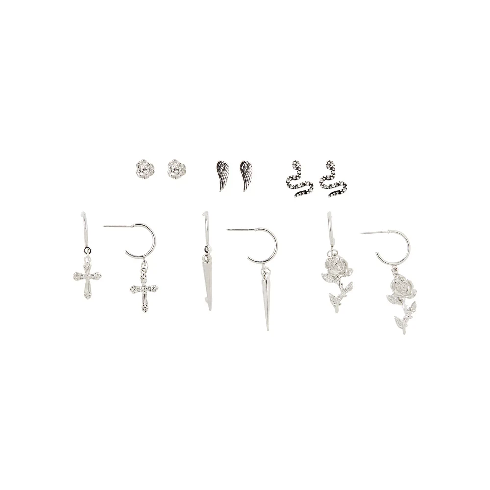 Multi-Pack Silvertone Rose and Snake Earrings - 6 Pair