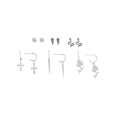 Multi-Pack Silvertone Rose and Snake Earrings - 6 Pair