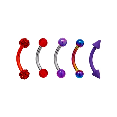 Multi-Pack CZ Colored Curved Barbells 5 Pack - 16 Gauge