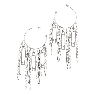 Silvertone Safety Pin Chain Hoop Earrings