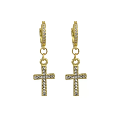 CZ Goldtone Cross Dangle Huggie Hoop Earrings - 18 Gauge