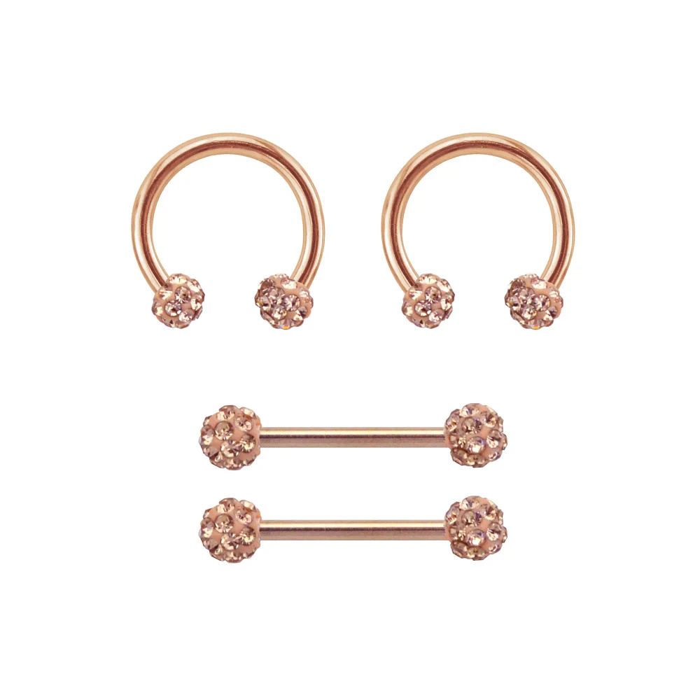 Multi-Pack Rose Goldtone Pave Nipple Barbells and Horseshoe Rings 2 Pair - 14 Gauge