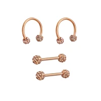 Multi-Pack Rose Goldtone Pave Nipple Barbells and Horseshoe Rings 2 Pair - 14 Gauge