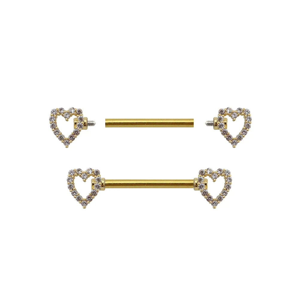 CZ Heart Goldtone Nipple Barbells - 14 Gauge