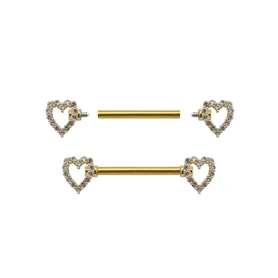 CZ Heart Goldtone Nipple Barbells - 14 Gauge
